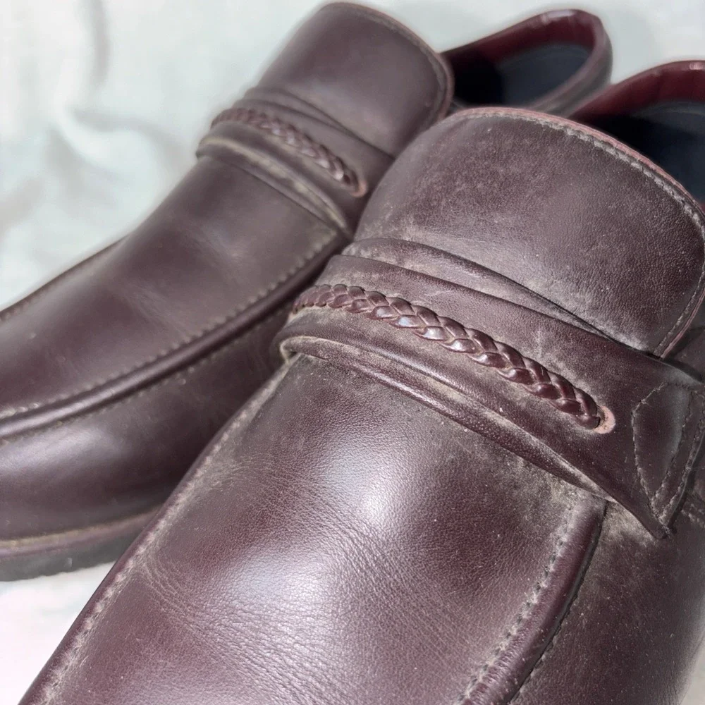Vtg Dark Brown Goodyear Leather Loafers 9 Comfort Slip‎ On Moc Toe Braided 80s